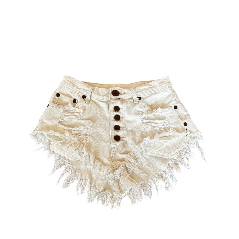 One Teaspoon Rollers White Distressed Denim Shorts Low Waist Raw Hem Size 24